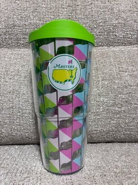Masters Travel Tumbler with Bright Lime Lid and Colorful Flag Pattern